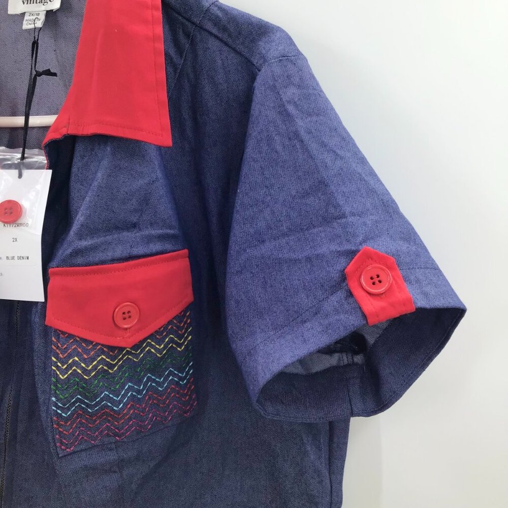 Dopamine Retro Denim Romper Women's 2X Rainbow LGBTQ+ Pride Red Contrast Cuffs - Picture 8 of 12